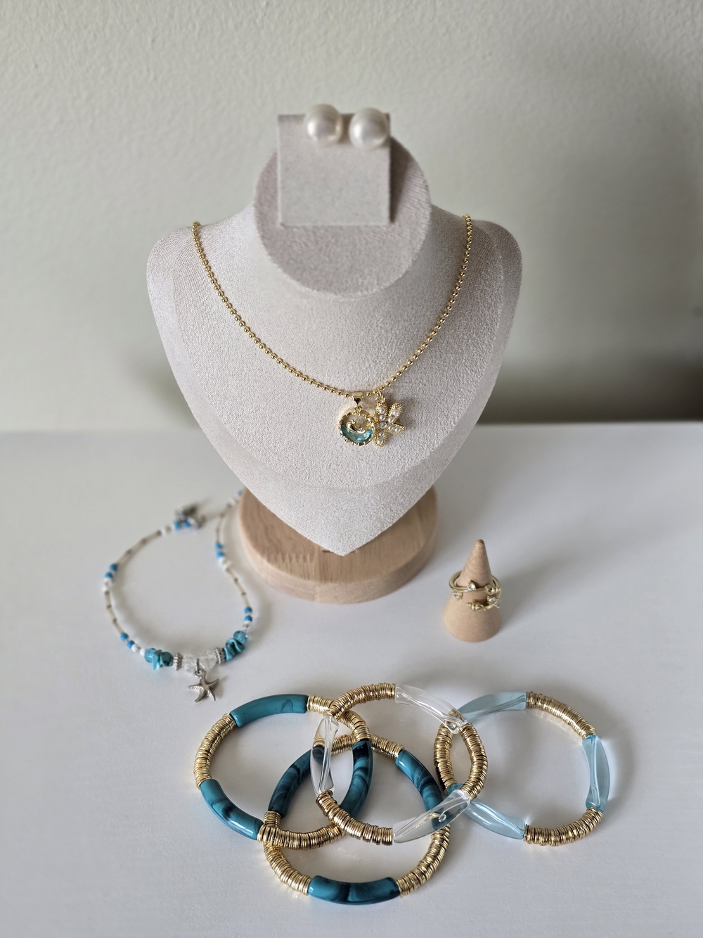 Gold-Tone Turquoise Charm Necklace and Bracelet Set